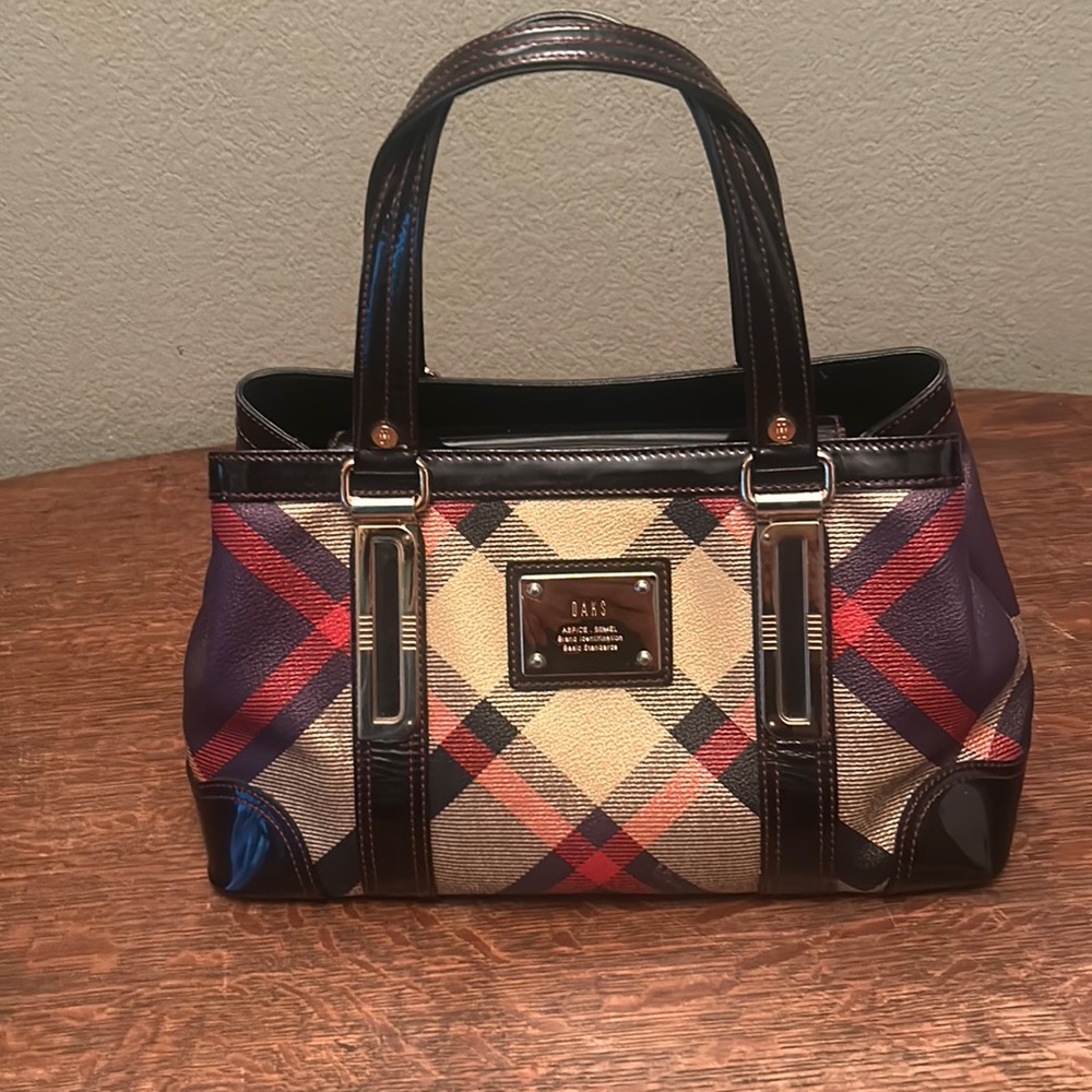DAKS Plaid Coated Canvas and Patent Satchel